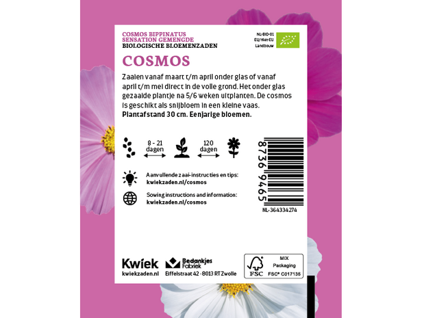 Biologische Cosmos zaden -  Kwiek Uitdeel zakjes (op = op)