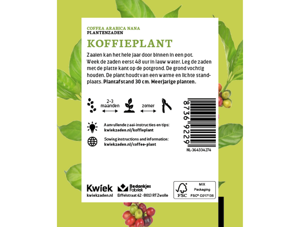 Koffieplant zaden -  Kwiek Uitdeel zakjes (op = op, THT 7-2026)
