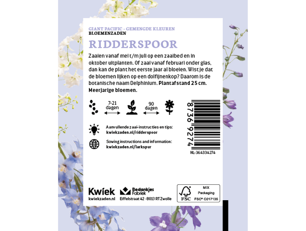 Ridderspoor zaden -  Kwiek Uitdeel zakjes (op = op, THT 7-2026)